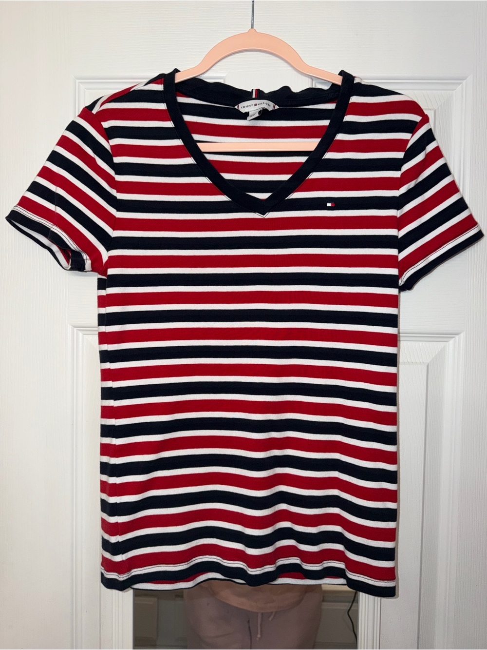 Tommy Hilfiger Red, White & Navy Striped V-Neck Tee